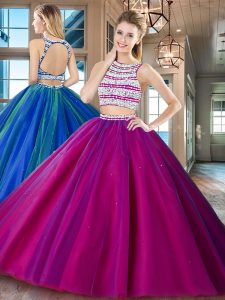Fuchsia Two Pieces Tulle Scoop Sleeveless Beading Floor Length Backless Quinceanera Gown