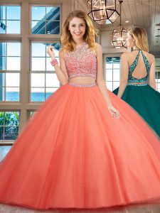 Hot Selling Scoop Watermelon Red Sleeveless Tulle Backless Vestidos de Quinceanera for Military Ball and Sweet 16 and Qu