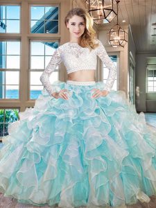 Scoop Long Sleeves Floor Length Beading and Lace and Ruffles Zipper 15th Birthday Dress with Aqua Blue