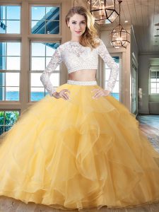 Pretty Scoop Long Sleeves 15 Quinceanera Dress Brush Train Beading and Lace and Ruffles Gold Organza
