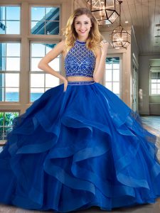 Free and Easy Halter Top Backless Tulle Sleeveless Sweet 16 Dresses Brush Train and Beading and Ruffles