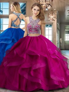 Gorgeous Scoop Criss Cross With Train Fuchsia Quince Ball Gowns Tulle Brush Train Sleeveless Beading and Ruffles