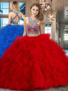 Red Two Pieces Scoop Sleeveless Tulle With Brush Train Criss Cross Beading and Ruffles 15th Birthday Dress