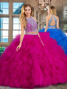 Scoop Sleeveless Backless Quinceanera Gowns Fuchsia Tulle