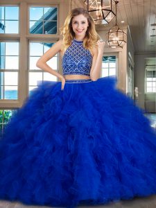 Halter Top Royal Blue Backless Quinceanera Gown Beading and Ruffles Sleeveless Brush Train