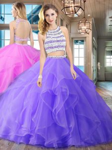 Scoop Lavender Organza Backless Ball Gown Prom Dress Sleeveless With Brush Train Beading and Ruffles