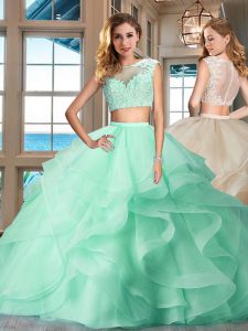 Dramatic Apple Green Tulle Zipper Bateau Cap Sleeves Floor Length Quinceanera Gowns Appliques and Ruffles