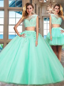 Sexy Tulle Cap Sleeves Floor Length Sweet 16 Dress and Appliques