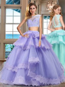 Tulle Cap Sleeves Floor Length Sweet 16 Dress and Lace and Appliques and Ruffled Layers