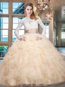 Ideal Champagne Organza Zipper Scoop Long Sleeves Floor Length Sweet 16 Dresses Beading and Lace and Ruffles