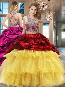 Beauteous Scoop Sleeveless Organza and Taffeta Ball Gown Prom Dress Beading and Ruffled Layers and Pick Ups Brush Train 