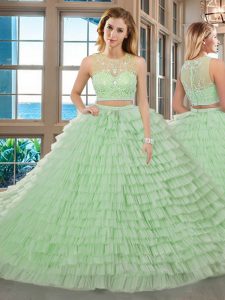 Admirable Ruffled Two Pieces 15 Quinceanera Dress Apple Green Scoop Tulle Sleeveless Floor Length Zipper