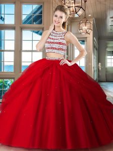Red Scoop Neckline Beading and Pick Ups Quinceanera Dresses Sleeveless Backless