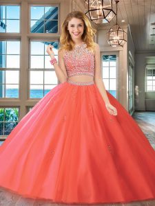 Custom Designed Watermelon Red Tulle Backless Scoop Sleeveless Floor Length Ball Gown Prom Dress Beading