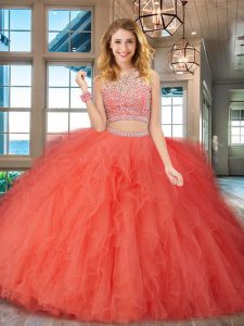 Beautiful Scoop Backless Tulle Sleeveless Floor Length Sweet 16 Dress and Beading and Ruffles