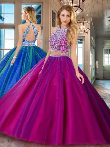 Admirable Backless Scoop Sleeveless Quinceanera Gowns Floor Length Beading Fuchsia Tulle