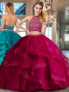 Fuchsia Two Pieces Halter Top Sleeveless Tulle Brush Train Backless Beading and Ruffles Sweet 16 Dresses