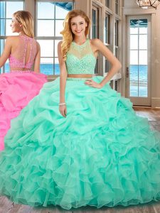 Apple Green Sleeveless Organza Lace Up Sweet 16 Dress for Military Ball and Sweet 16 and Quinceanera