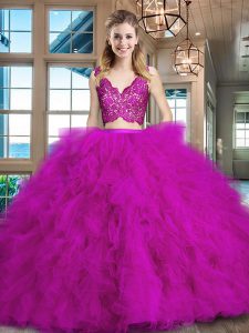 Fuchsia Two Pieces Lace and Ruffles Quince Ball Gowns Zipper Tulle Sleeveless