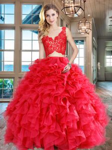 Red V-neck Zipper Lace and Ruffles Quinceanera Dress Sleeveless