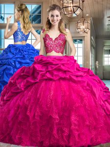 Fuchsia Sleeveless Brush Train Lace and Ruffles and Pick Ups 15 Quinceanera Dress