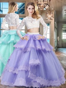 Ruffled Two Pieces 15th Birthday Dress Lavender Scoop Tulle and Lace Long Sleeves Floor Length Zipper