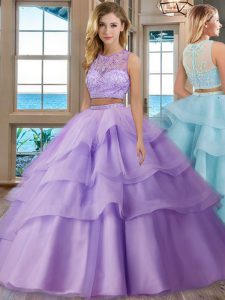 Lavender Zipper Scoop Beading and Appliques and Ruffled Layers Quinceanera Gowns Tulle Sleeveless