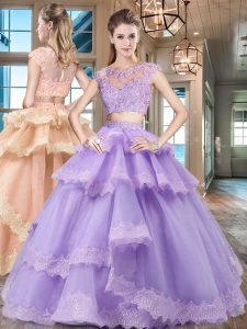 Beautiful Scoop Lavender Cap Sleeves Beading and Lace and Appliques and Ruffled Layers Floor Length 15th Birthday Dress