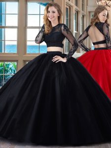 Black and Red Scoop Backless Appliques Quince Ball Gowns Long Sleeves