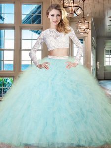 Flare Scoop Tulle Long Sleeves Floor Length Sweet 16 Dresses and Beading and Lace and Ruffles