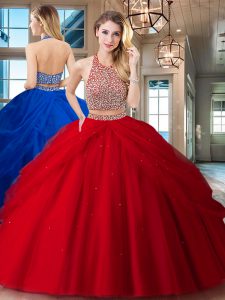 Luxurious Red Halter Top Backless Beading and Pick Ups Sweet 16 Dress Sleeveless
