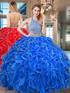 Custom Fit Halter Top Backless Royal Blue Sleeveless Beading and Ruffled Layers Floor Length Ball Gown Prom Dress