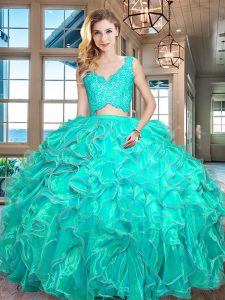 Customized Floor Length Turquoise Vestidos de Quinceanera Organza Sleeveless Lace and Ruffles
