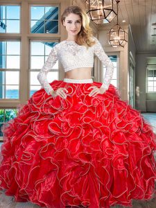 Scoop Beading and Lace and Ruffles Ball Gown Prom Dress Red Zipper Long Sleeves Floor Length