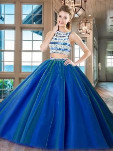 Cute Royal Blue Backless Scoop Beading Sweet 16 Dresses Tulle Sleeveless