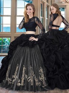 Affordable Backless Scoop Long Sleeves Ball Gown Prom Dress With Brush Train Embroidery and Pick Ups Black Taffeta