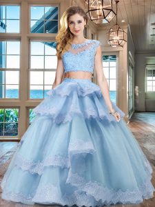 Scoop Cap Sleeves Tulle Quinceanera Gown Beading and Lace and Appliques and Ruffled Layers Zipper