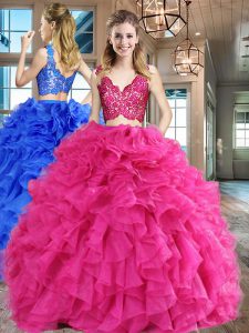 Colorful Hot Pink Organza Zipper V-neck Sleeveless Floor Length 15 Quinceanera Dress Lace and Ruffles