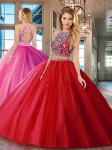 Scoop Red Tulle Backless Quinceanera Dresses Sleeveless Floor Length Beading
