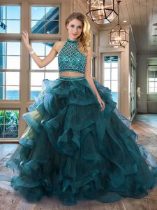 Halter Top Sleeveless Beading and Ruffles Backless Quinceanera Dresses with Teal Brush Train
