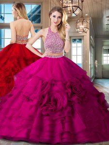 Sumptuous Fuchsia Two Pieces Organza Halter Top Sleeveless Beading and Ruffles With Train Backless Quince Ball Gowns Bru