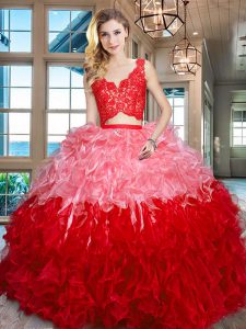 Lovely Multi-color Two Pieces Organza V-neck Sleeveless Lace and Ruffles Floor Length Zipper Sweet 16 Dress