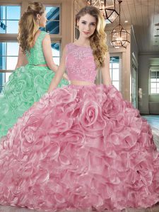 Pink Two Pieces Bateau Sleeveless Organza With Brush Train Lace Up Lace and Ruffles Quince Ball Gowns