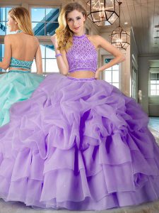 Sweet Backless Halter Top Sleeveless Quinceanera Dress Brush Train Beading and Ruffled Layers and Pick Ups Lavender Orga