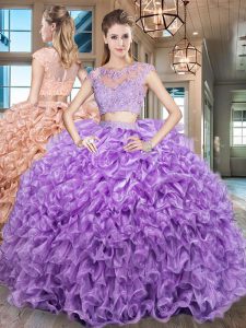 Trendy Purple Two Pieces Organza Scoop Cap Sleeves Beading and Appliques and Ruffles Floor Length Zipper Sweet 16 Dresse