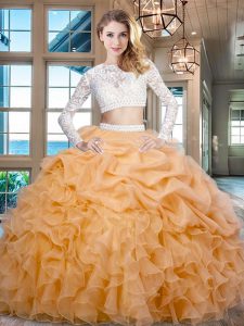Fine Scoop Gold Zipper Quinceanera Dresses Beading and Lace and Ruffles Long Sleeves Floor Length