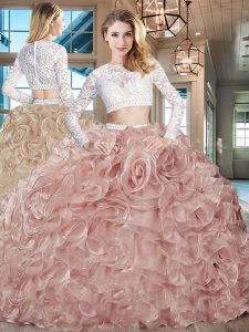 Scoop Long Sleeves Brush Train Zipper Beading and Lace and Ruffles Quinceanera Gowns