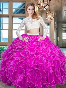Custom Fit Scoop Long Sleeves Organza Floor Length Zipper Sweet 16 Quinceanera Dress in Fuchsia with Beading and Lace an