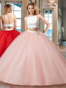 Luxury Straps Pink Sleeveless Floor Length Beading Backless Sweet 16 Dress