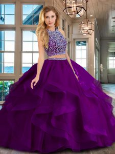 Modern Purple 15th Birthday Dress Military Ball and Sweet 16 and Quinceanera and For with Beading and Ruffles Scoop Slee